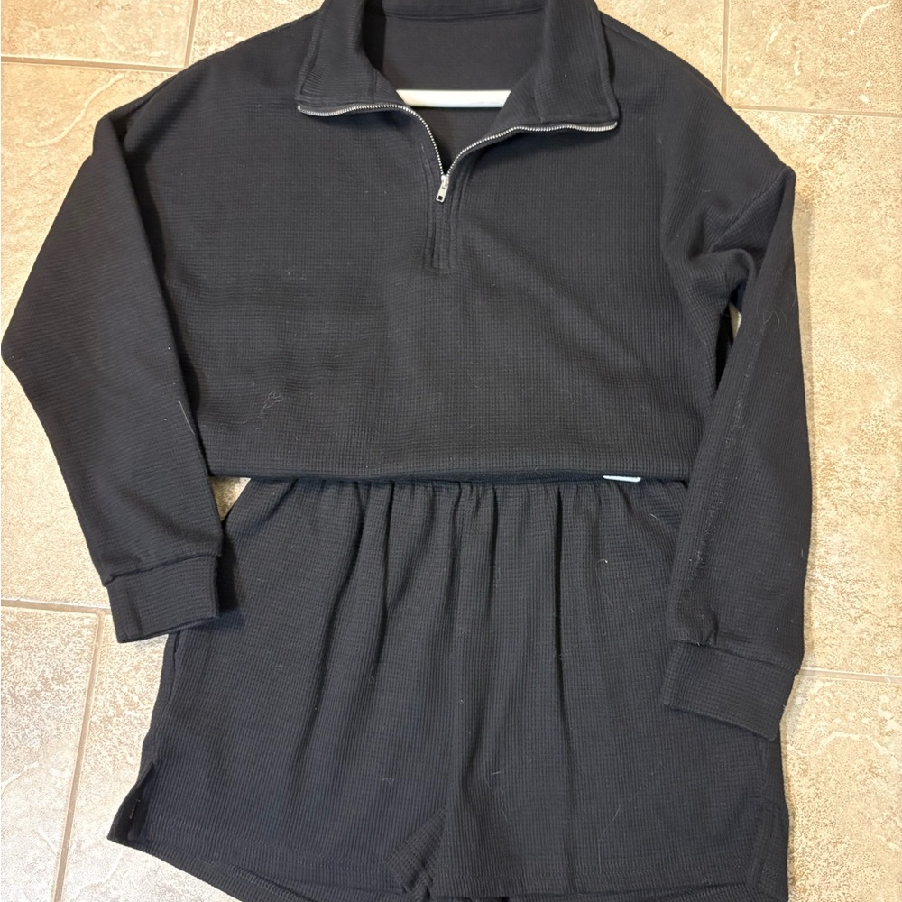 Black Quarter-Zip Pullover and Shorts Set